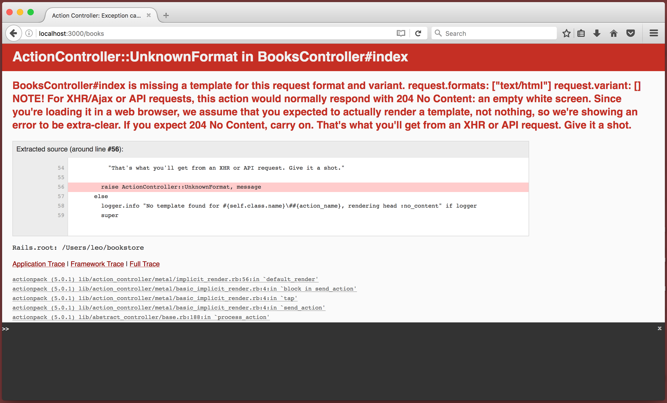 Browser showing ActionController::UnknownFormat error: "ActionController::UnknownFormat in BooksController#index - BooksController#index is missing a template for this request format and variant."