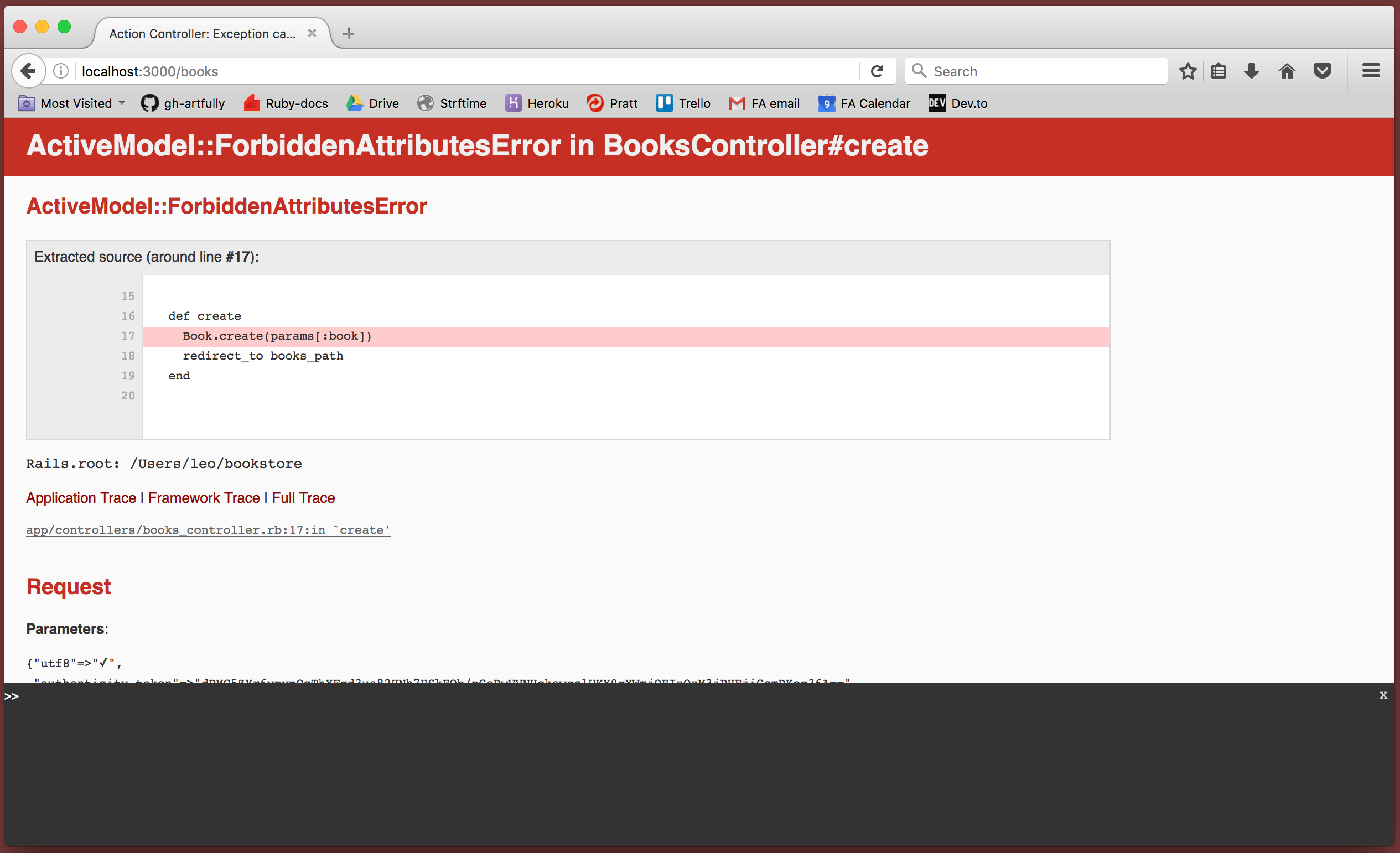 Browser showing ActiveModel::ForbiddenAttributesError in BooksController#create