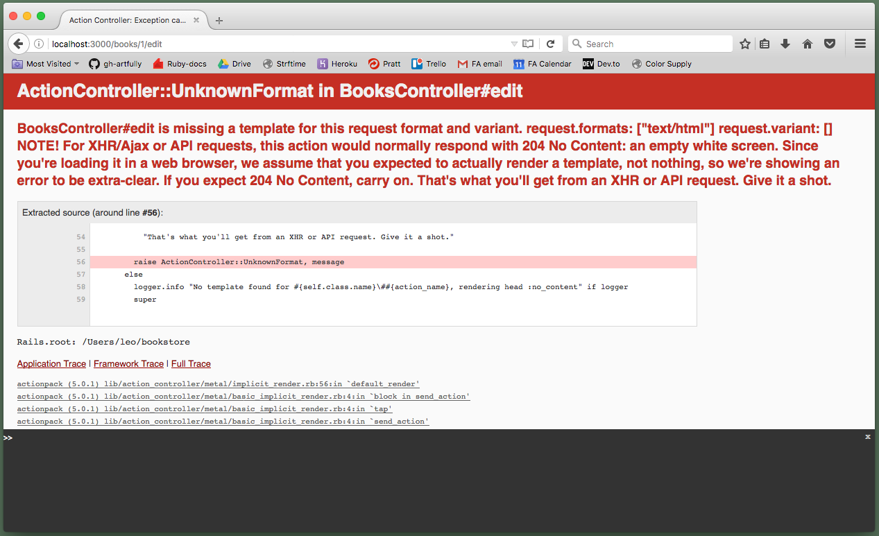 Browser showing ActionController::UnknownFormat error: "BooksController#edit is missing a template for this request format and variant"