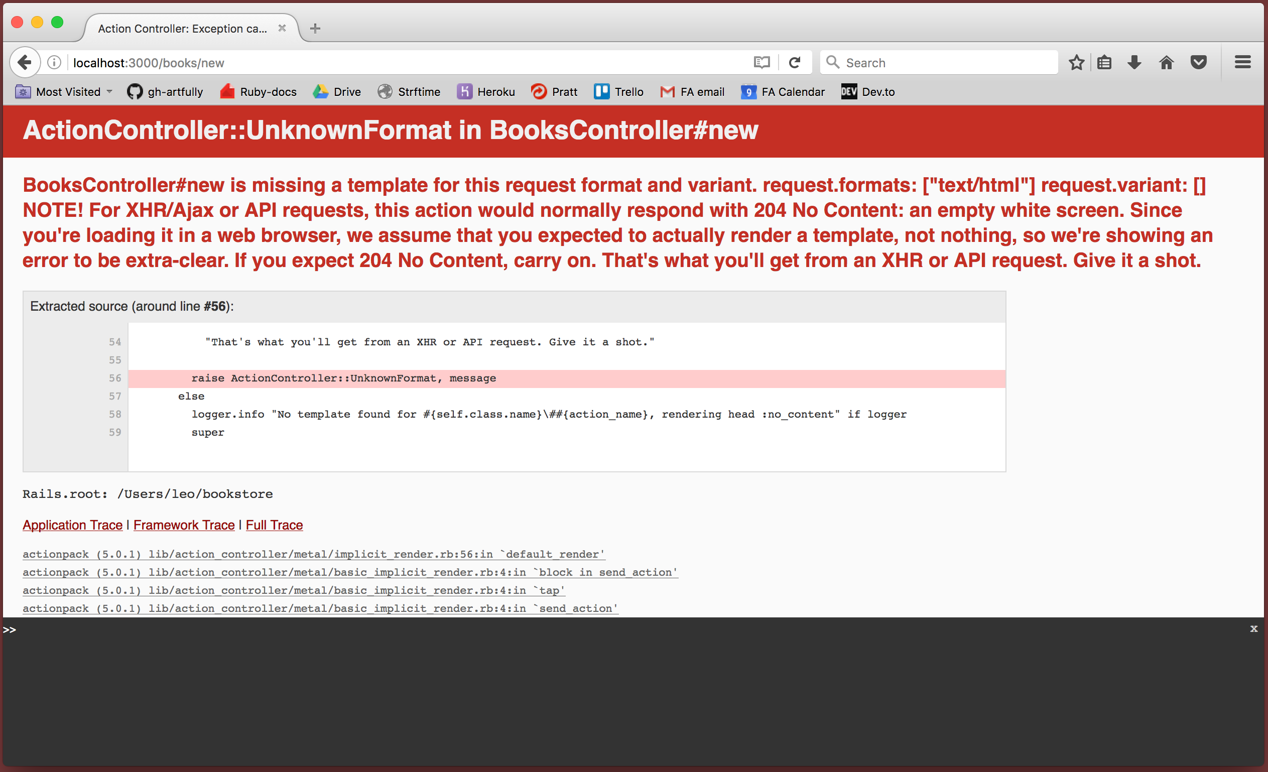 Browser showing ActionController::UnknownFormat error: "BooksController#new is missing a template for this request format and variant."