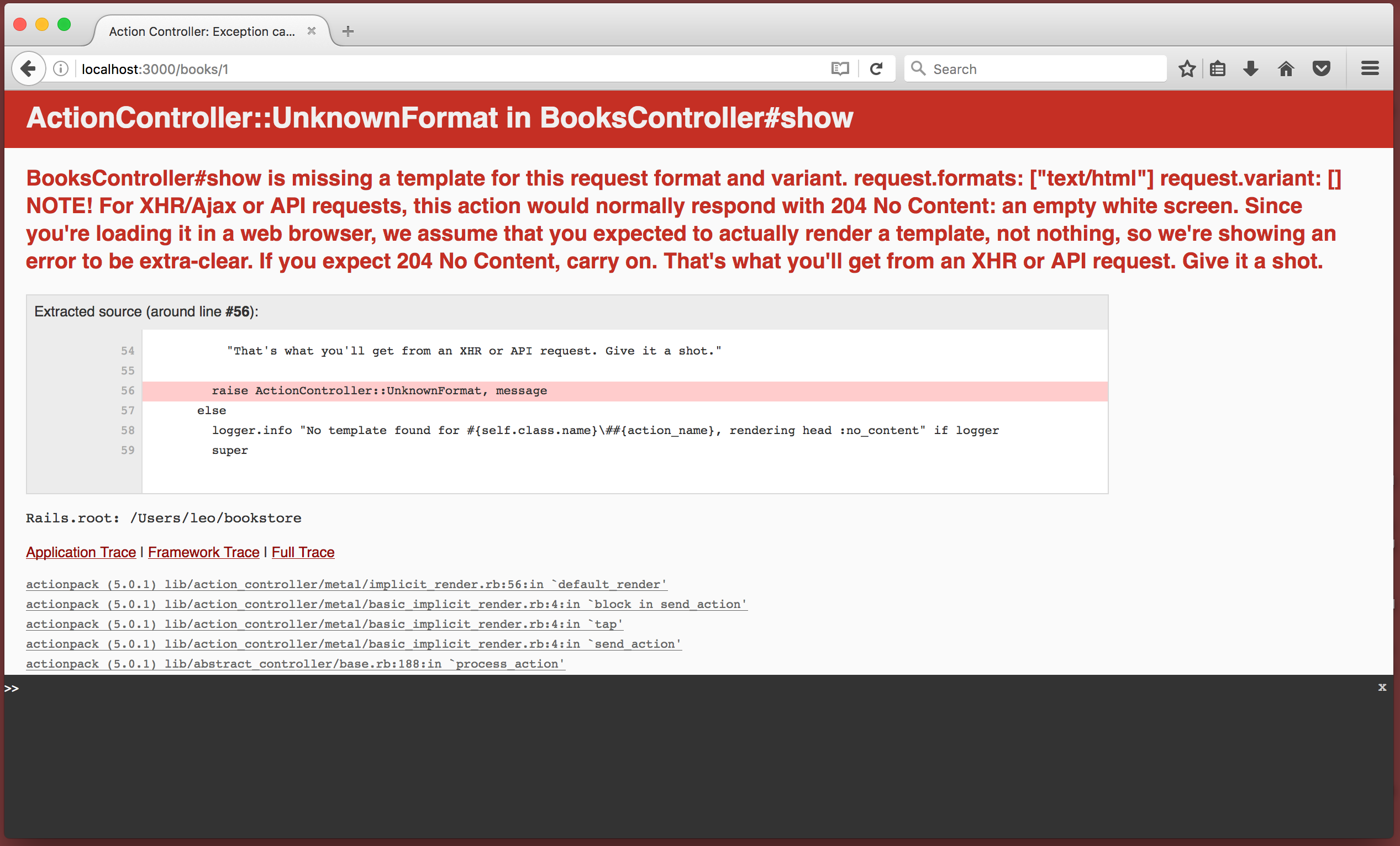 Browser showing ActionController::UnknownFormat error: "BooksController#show is missing a template for this request format and variant"