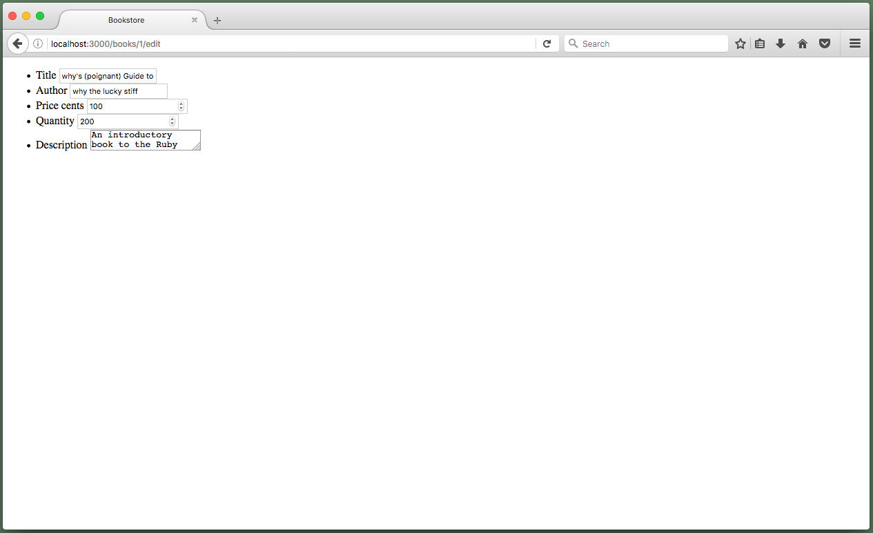 Browser showing "/books/1/edit" with a form but no button