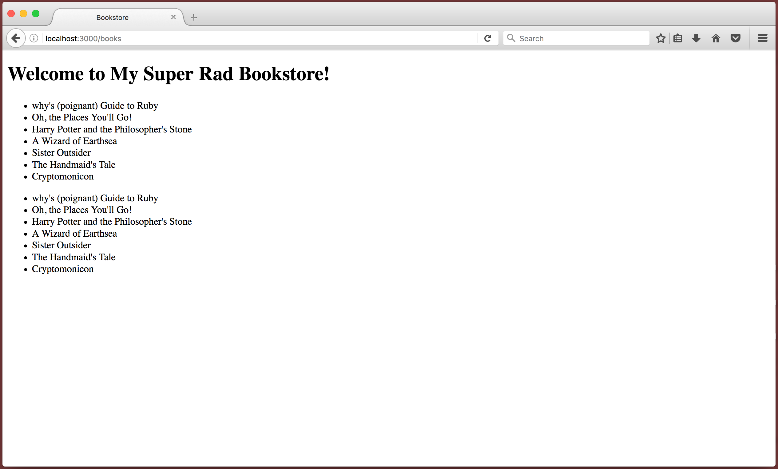 Browser showing /books view with two unordered lists