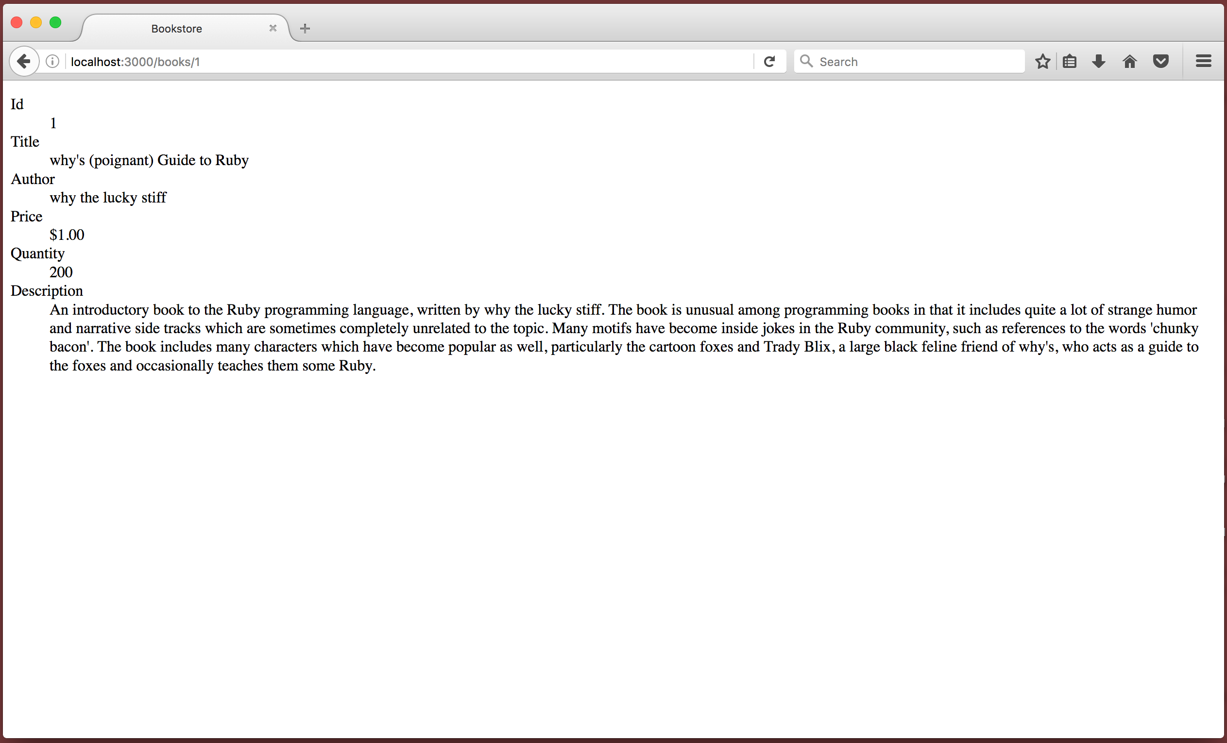 Browser showing "/books/1" with a lovely description of "why's (poignant) Guide to Ruby"