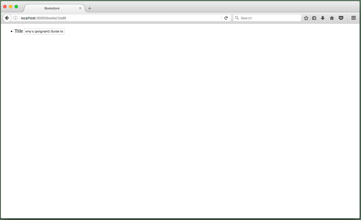 Browser showing "/books/1/edit" with a filled-in text_field for the book's title