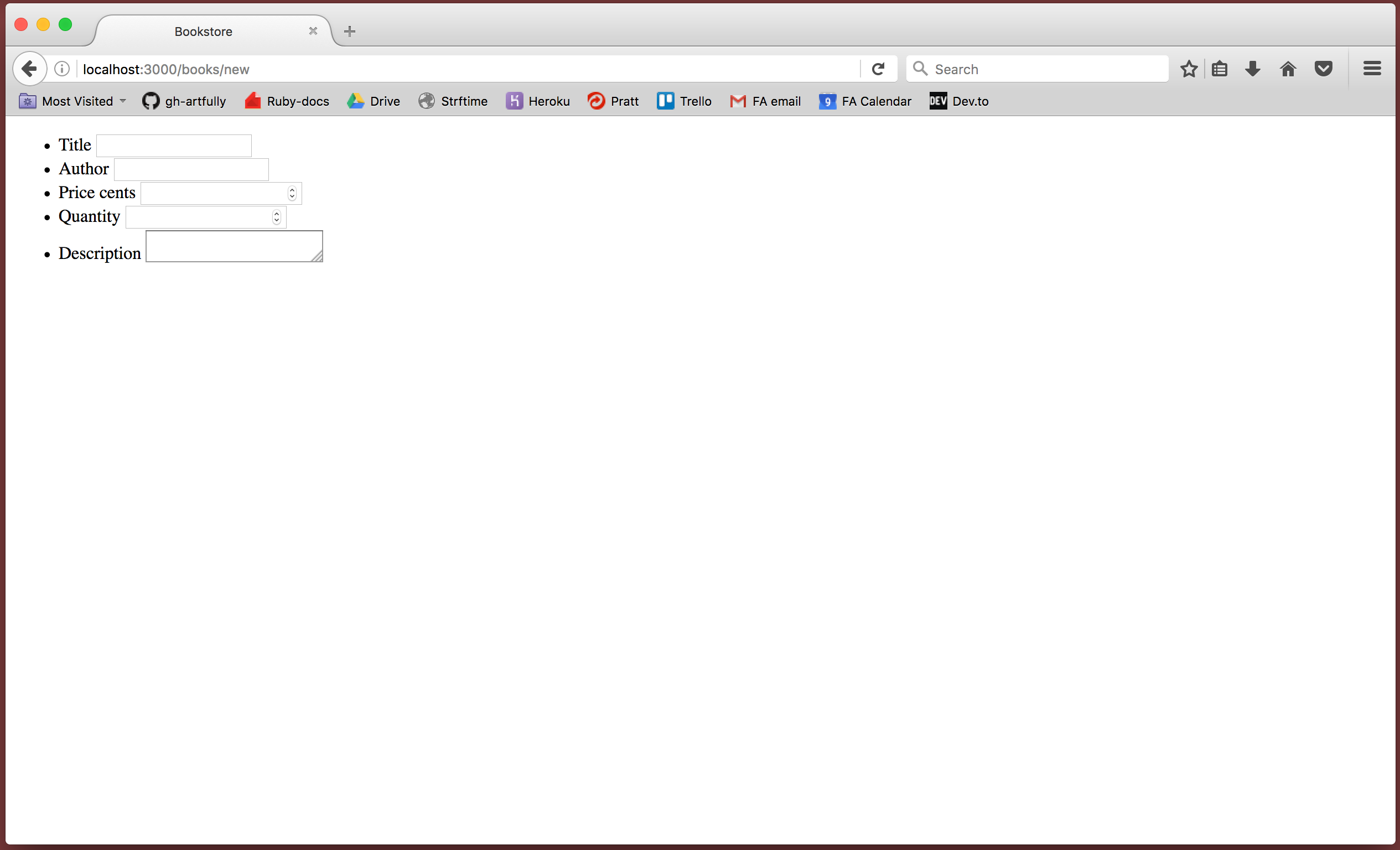 Browser showing "/books/new" with a form full of fields