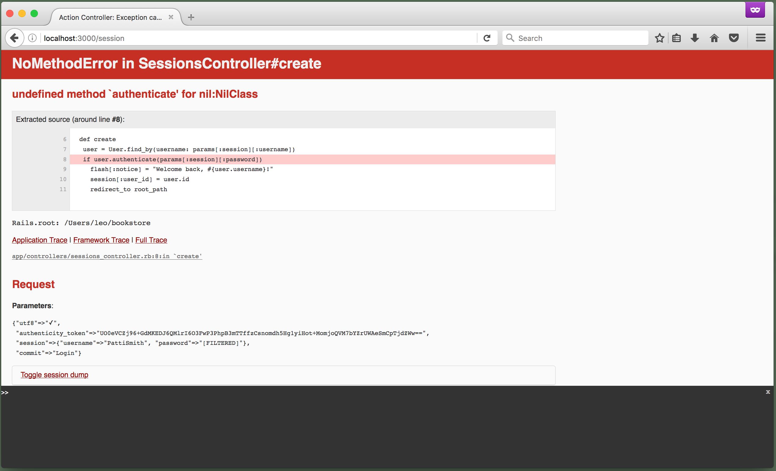 Browser showing NoMethodError: "undefined method `authenticate' for nil:NilClass"