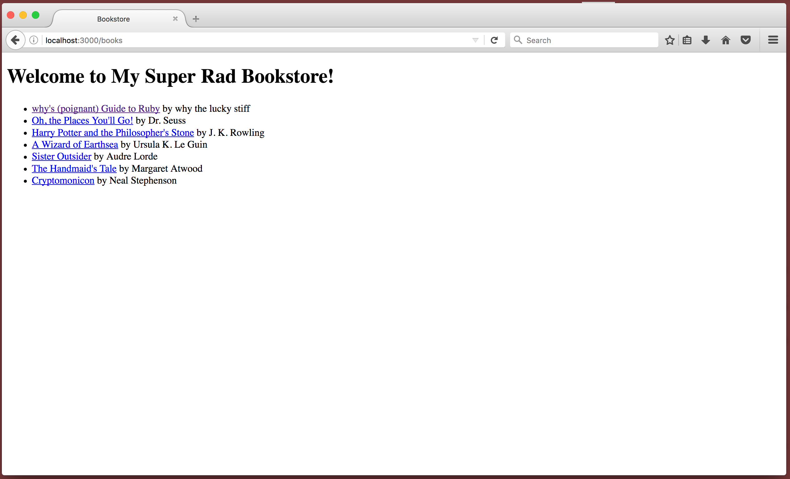 Browser showing books index with all the links!