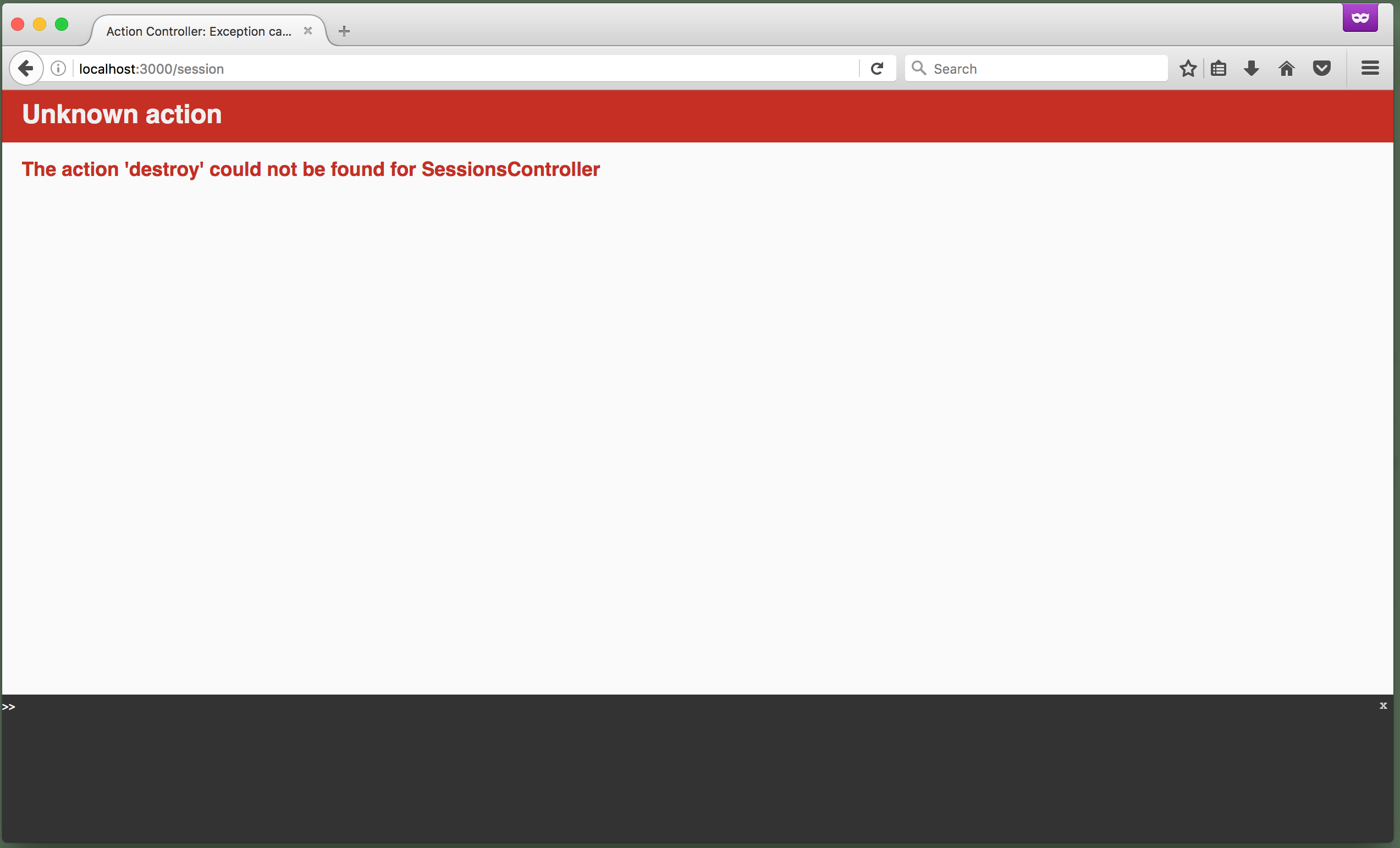 Browser showing Unknown action error: "The action 'destroy' could not be found for SessionsController"