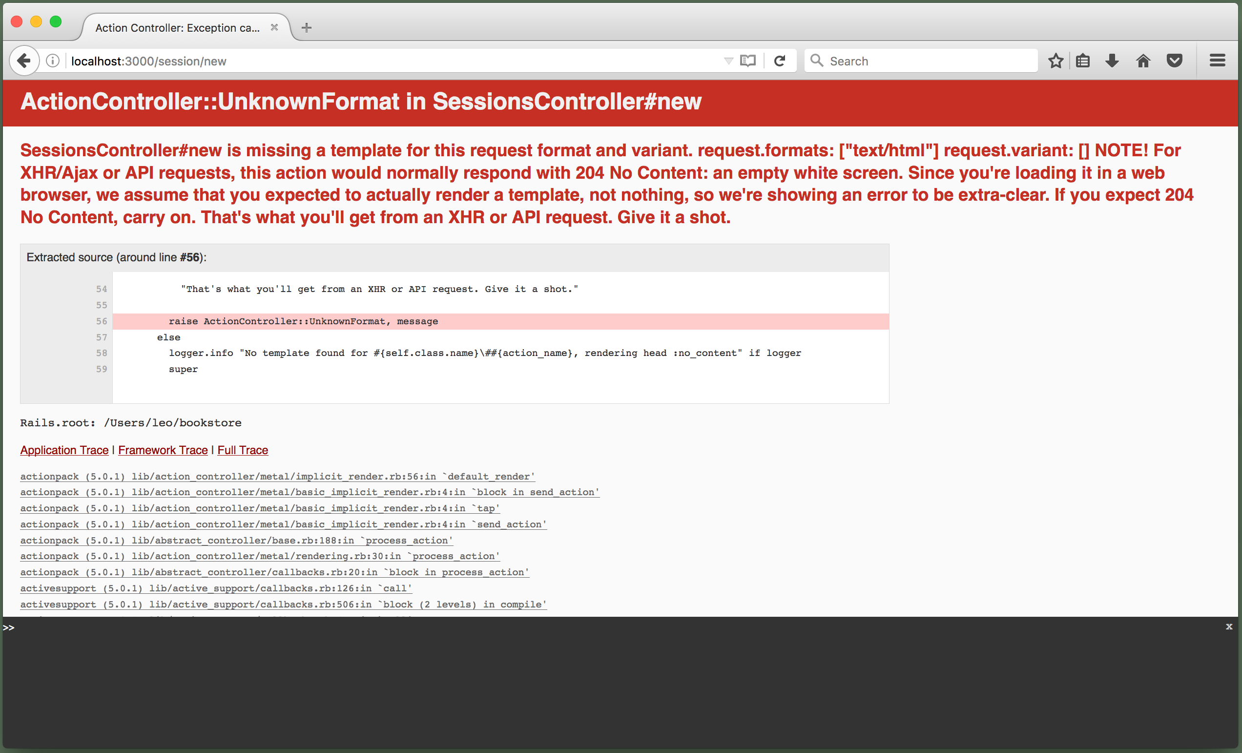 Browser showing ActionController::UnknownFormat error: "SessionsController#new is missing a template for this request format and variant."