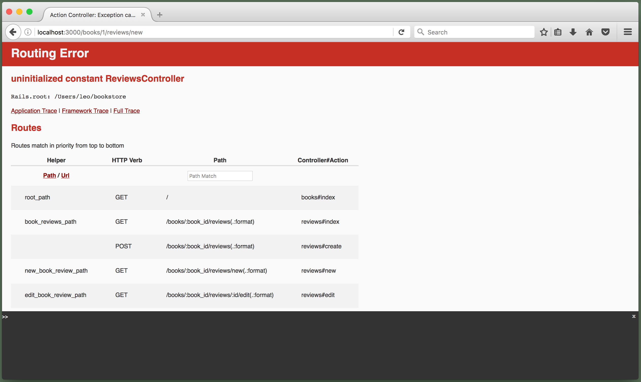 Browser showing Routing Error: "uninitialized constant ReviewsController"