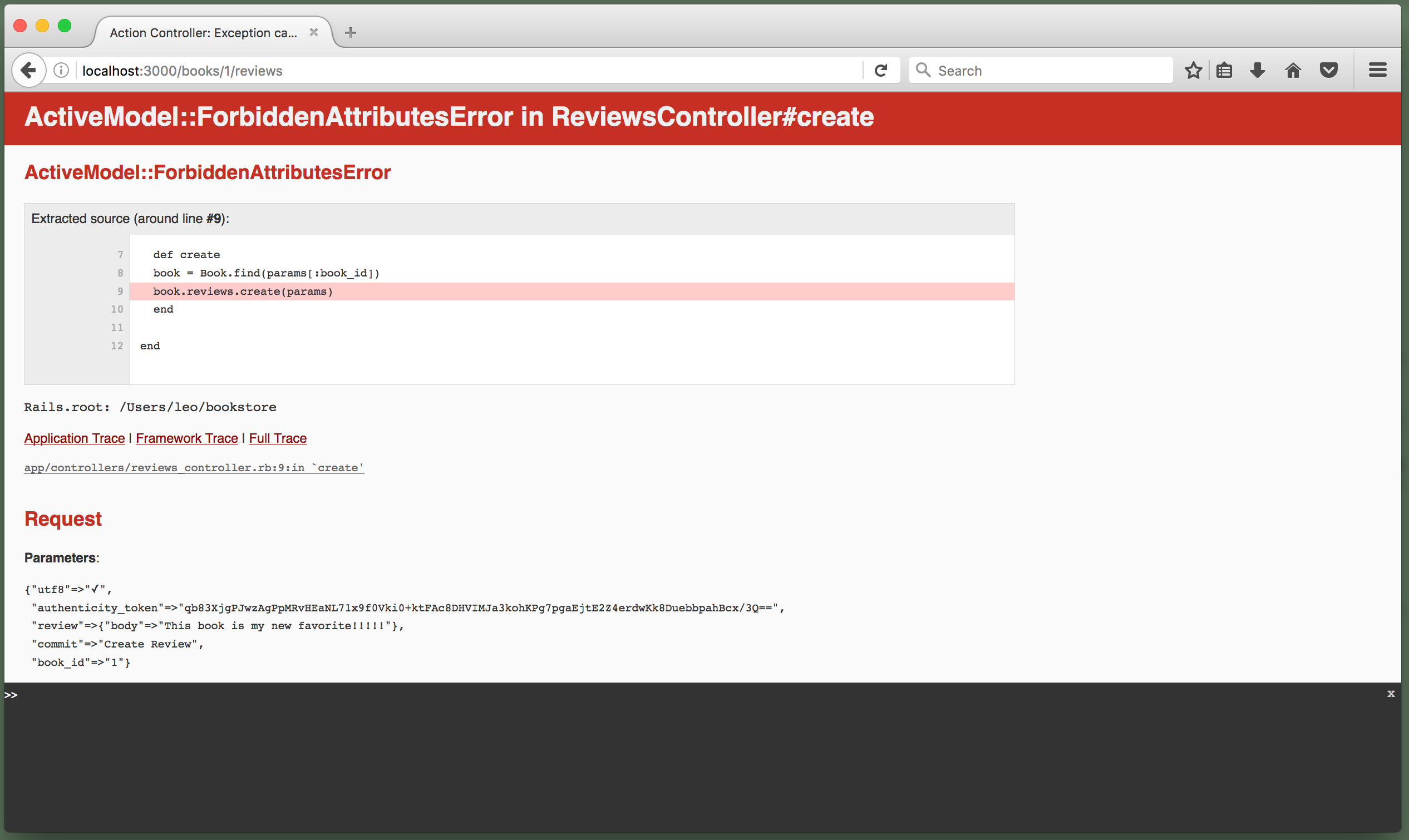 Browser showing ActiveModel::ForbiddenAttributesError in ReviewsController#create