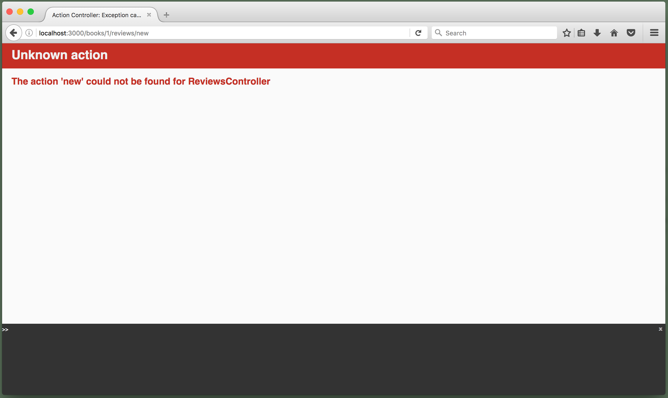 Browser showing Unknown action error: "The action 'new' could not be found for ReviewsController"