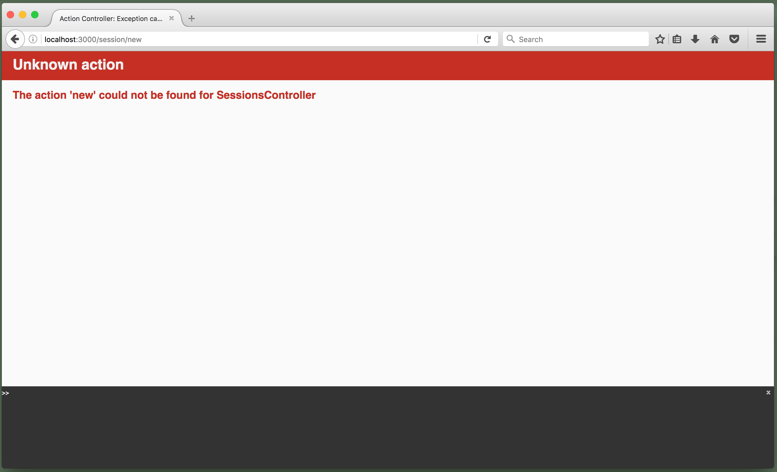 Browser showing Unknown action error: "The action 'new' could not be found for SessionsController"