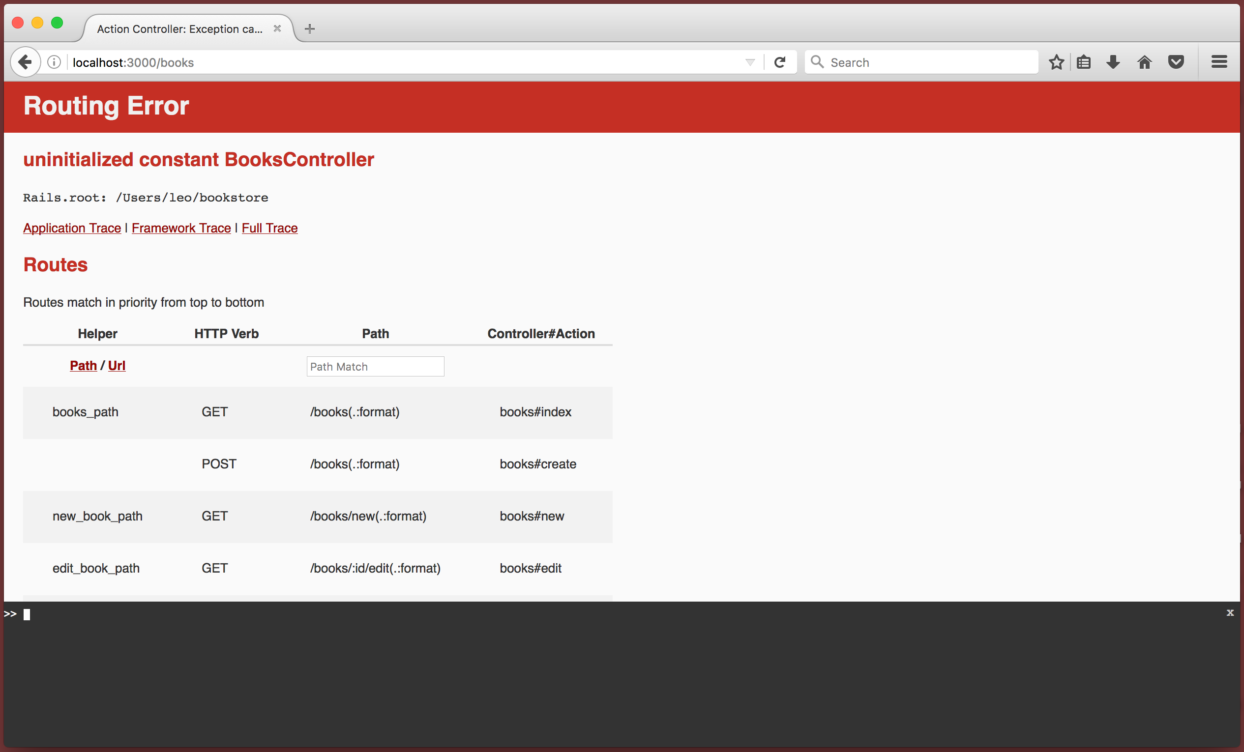 Browser showing Routing Error: "uninitialized constant BooksController"