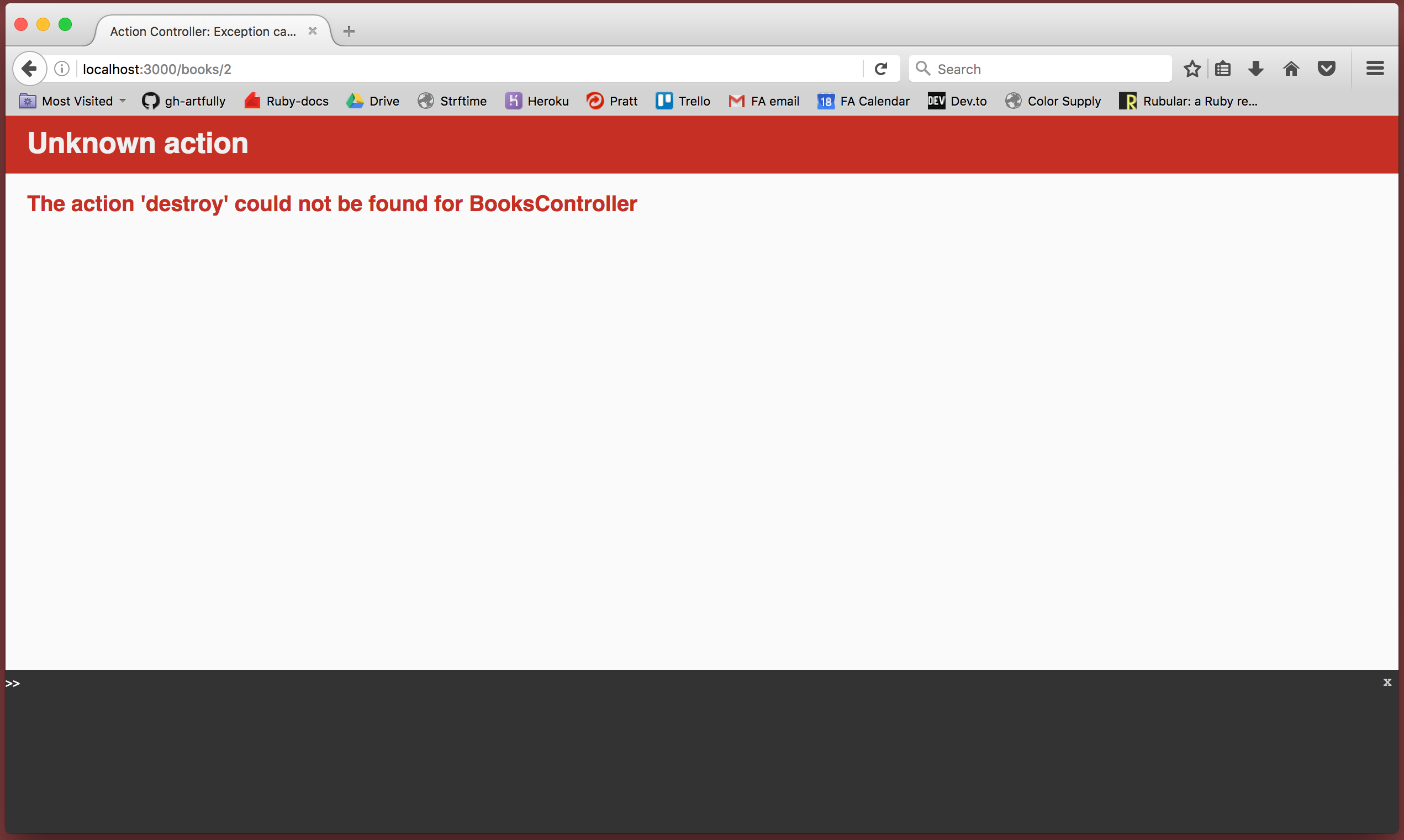 Browser showing Unknown action error: "The action 'destroy' could not be found for BooksController"