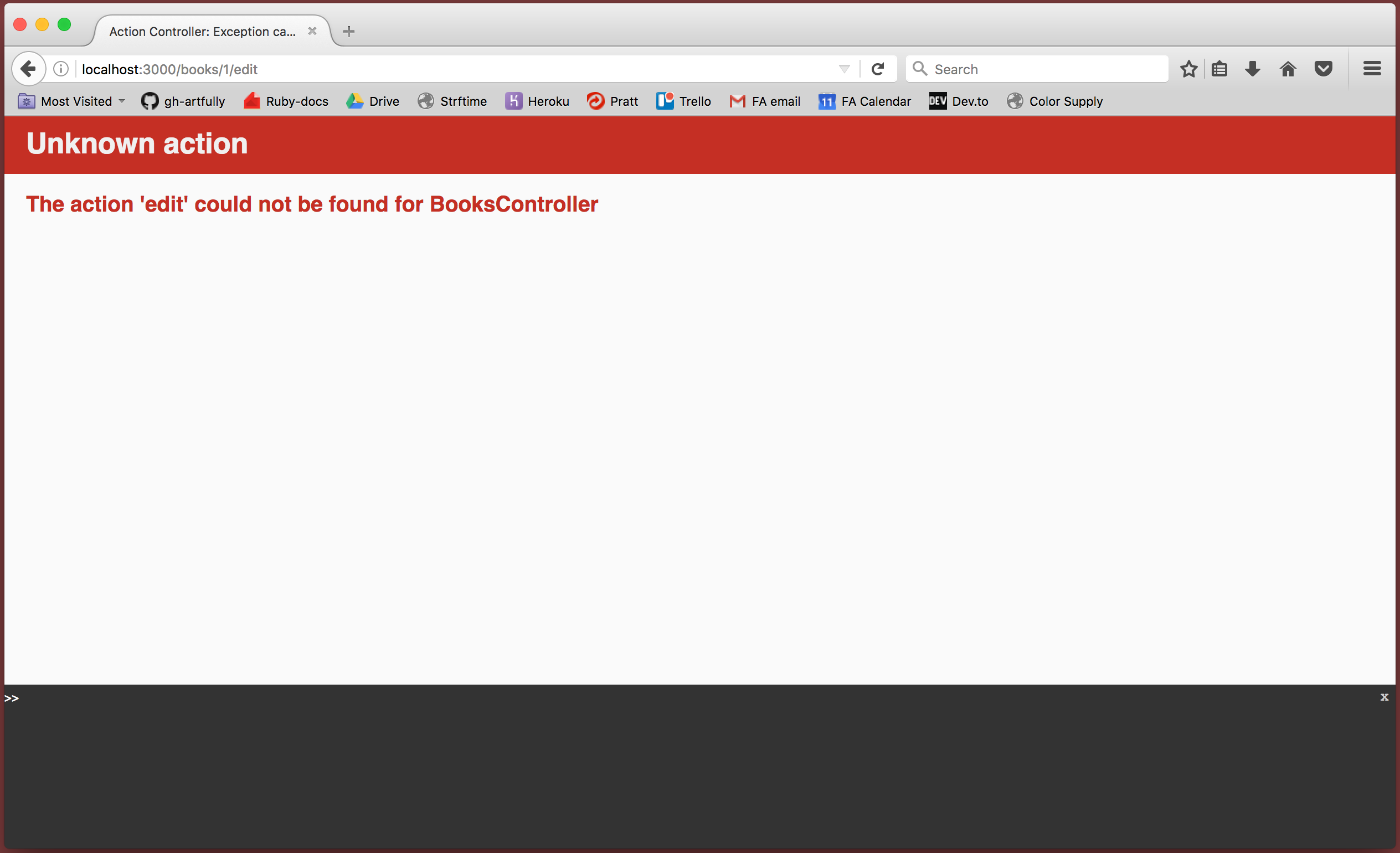 Browser showing `/books/1/edit` with an Unknown action error: "The action 'edit' could not be found for BooksController"