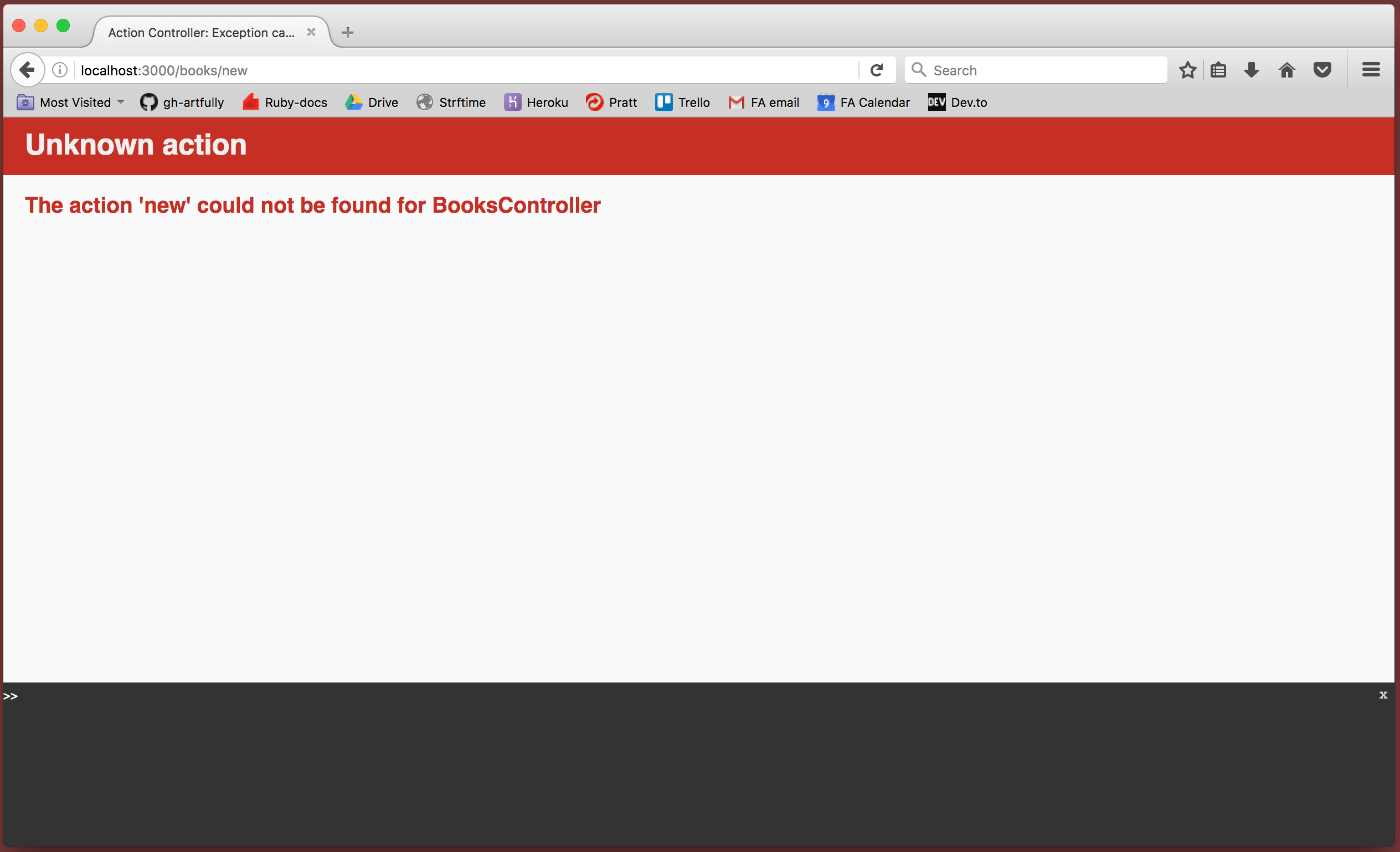 Browser showing Unknown action error: "The action 'new' could not be found for BooksController"
