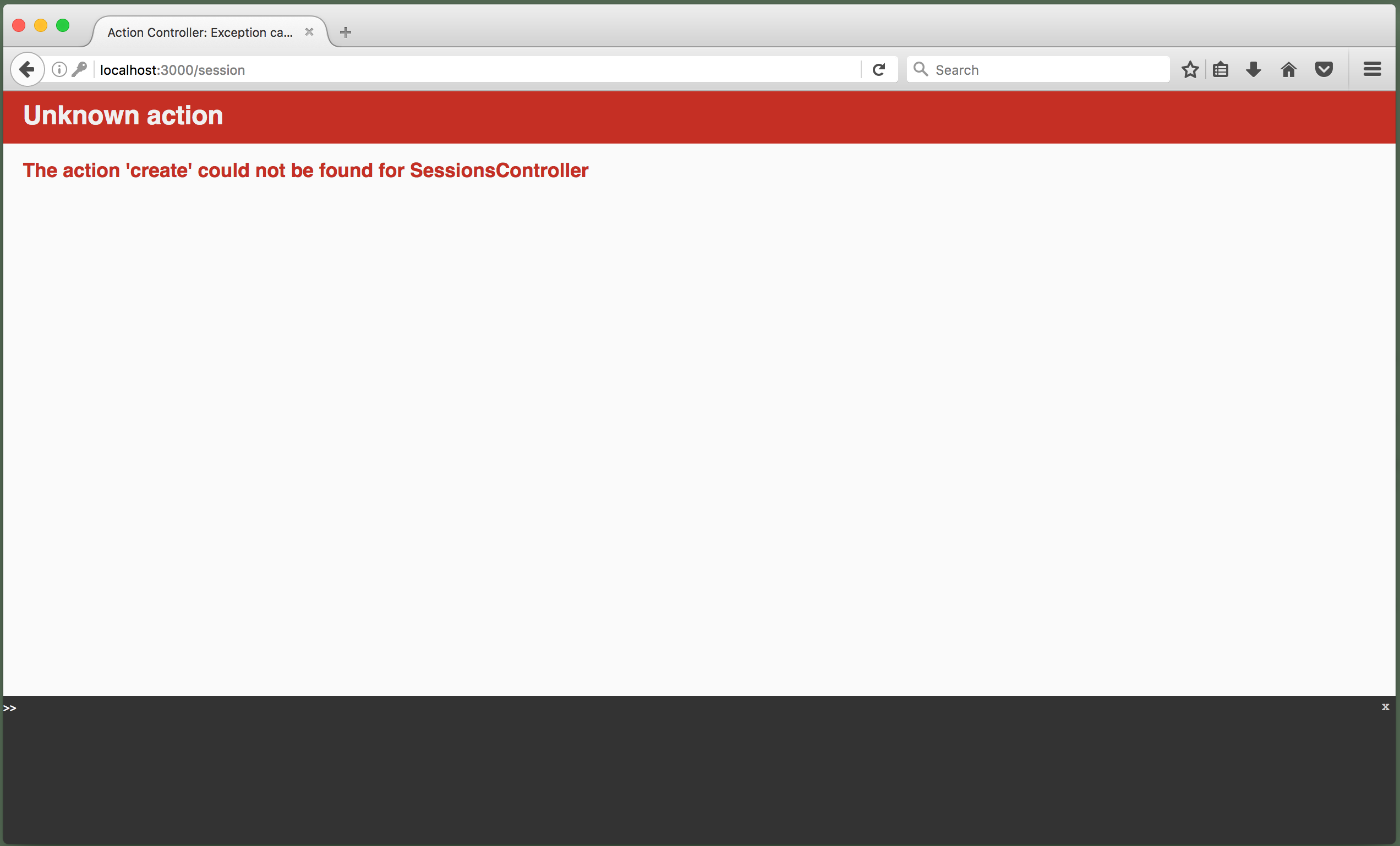 Browser showing Unknown action error: "The action 'create' could not be found for SessionsController"