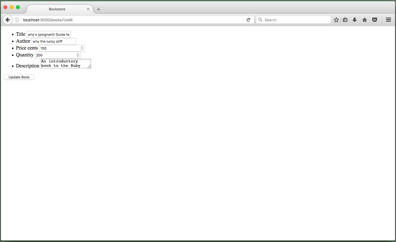 Browser showing "/books/1/edit" with a submit button