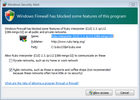 Windows Firewall asking to give Ruby permission to the internet