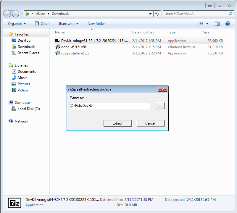 Dialog to extract the RubyInstaller DevKit into C:\RubyDevKit