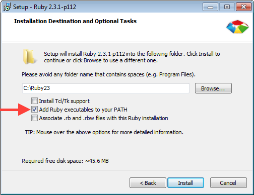 RubyInstaller with option to "Add Ruby executables to your PATH" selected